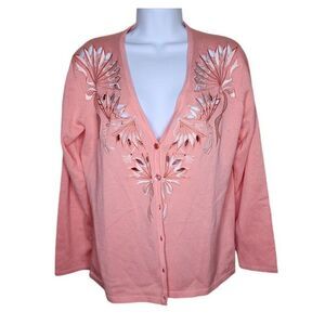 Bob Mackie Wearable Art Cardigan Sweater Fan Ribbon Cutout Women Size XS Pink